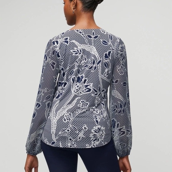 White House Black Market Navy and White Floral Blouse - Picture 3 of 5